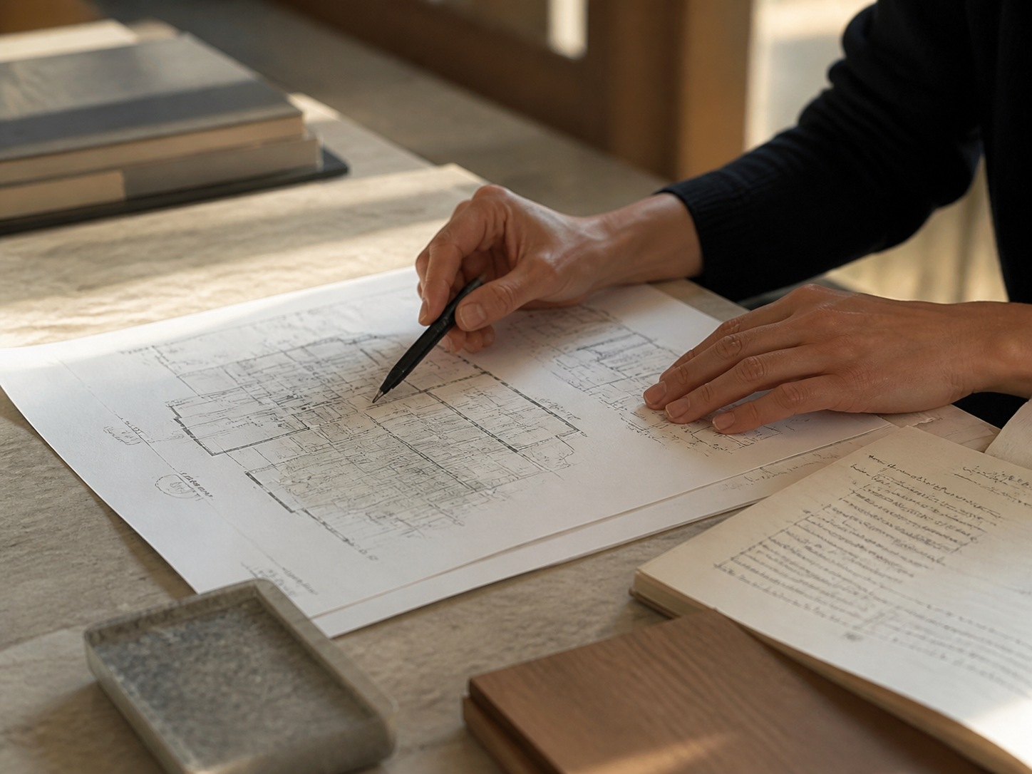 図面を見ながら判断材料を整理する様子